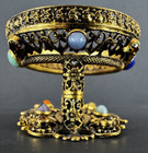 Antique Czech Intaglio Purple Glass Salt Cellar Dip Jeweled Gilt Basket Lot Of 2