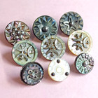 9 Antique Carved Pearl Shell Buttons Cut Steels Watch Wheel Pewter 3 8  To 9 16 