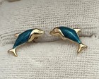 Small Dainty Solid 14k Yellow Gold Dolphin Green Enamel Stud Earrings Child Baby