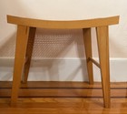 Vintage Wooden Bench Stool Woven Cane Seat Curved Top Mid Century Style 21   