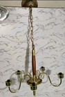 Danish Mid Century Modern Teak Wood And Brass 5-arm Electric Chandelier Vtg Mcm