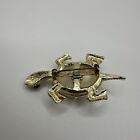 Vintage Turtle Mother Of Pearl Body Green Glass Eyes Gold Tone Brooch Pin 2 5 