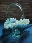 Vintage 1980s Fenton Sea Mist Green Opalescent Cabbage Rose Glass Basket  8