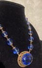 Antique 1920   s Czech Big Blue Glass Art Nouveau Deco Brass Filigree Necklace 15 