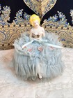 Vtg Porcelain Doll Pin Cushion Half Doll Blue Dress Porcelain Torso Legs