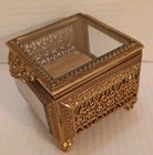 Vintage Gold Tone Ormolu Trinket Jewelry Box Coffin Box Beveled Glass Filigree 