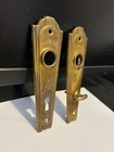 Pair  2  Antique Arts Craft Deco Pressed Brass Screen Bath Door Knob Back Plates