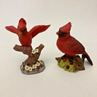 Vintage Pair Of Cardinal Red Bird Resin Figurines 3  Perched On Branches Trinket