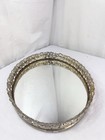Vtg Mirror Glass Vanity  Oval Tray Perfume Filigree Dresser Gold Floral 12x9 5 
