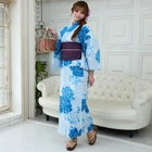 Japanese Yukata Kimono 3-piece Set With A Light Blue And Blue Peony Pattern
