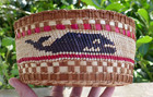 Vintage Northwest Coast Makah Hand Woven Polychrome Open Basket - Whale   Canoe