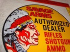 Vintage Savage Arms Authorized Dealer Rifles Shotgun Ammo 11 3 4  Porcelain Sign