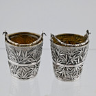 Vintage Chinese Export Silver Pr Salt Cellars     Bamboo Bucket Form     Wang Hing