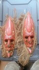 Tiki Masks Pair Hand Carved Wood Painted Raffia Hair Wall Decor Tribal