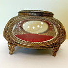 Vtg Brass Jewelry Casket Box Ormolu Filigree Beveled Glass Red Velvet Read