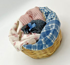 Artisan Signed Cat Sleeping In Laundry Basket Blue Bow Dollhouse Miniature 1 12