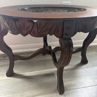 Gorgeous Walnut Accent Table W  Carved Castle Scene Mid Century