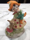 Vintage Lefton Pixie Elf Resting On A Mushroom With Bunny Mystical Fairy