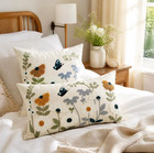 Embroidered Floral Pillow Cover Boho Cotton Linen Cushion Wildflower Home Decor