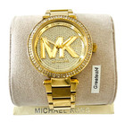 New Michael Kors Parker Mk7283 Gold Tone Mk Logo Crystal Dial  39mm Ladies Watch