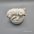 Vintage Kitty Frolic Ceramic Coin Bank  Sleeping Fluffy White Cat On Yarn Ball