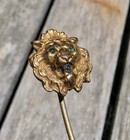 Antique Victorian Gold Gilt Lion Head Stick Pin Paste Eyes Rhinestone Rare Vtg