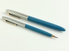 Mid-century Sheaffer Peacock Blue Resin   Chrome Sentinel Snorkel Pen pencil Set
