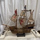 Vtg 20  Santa Maria 1492 Wooden Ship Model W stand Cloth Sails Boat Pirate Ocean