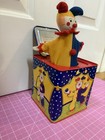 Vintage Schylling Tin Musical Wind Up Jack In The Box Circus Clown Jester Works