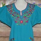 Handmade Mexican Embroidered Floral Dress Size Xl Teal Aqua Boho Peasant Fiesta