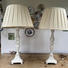 Large Antique Pair Of Painted Off White Wooden Lamps Incl Shades 107cm High 