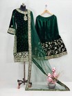 Designer Green Velvet Kurta Palazzo With Net Dupatta For Reception   Party