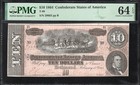 T-68 1864  10 Confederate Currency Pmg 64 Epq Civil War Ten Dollar Bill 29663