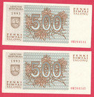 Lithuania Consecutive Numbers Pair 500 Talonu 1993 Unc Wolves 5719