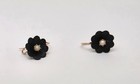 Vintage 14k Gold 2mm Pearl Mounted Floral Carved Onyx jet Mourning Earrings