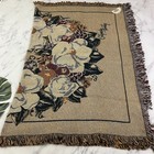 Glynda Turley Vintage 90s Tapestry Throw Blanket Tan Green Magnolia Floral New