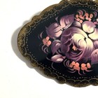 Vintage Black Lacquer Russian Floral Pin Brooch Wood Hand Painted Artist Signed
