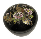 Vintage Asahi Peacock Trinket Box With Lid Black Porcelain Floral Japan Asian
