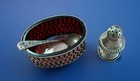 Sterling Silver Antique  3pcs  pepper Shaker open Salt W  Ruby Insert   Spoon