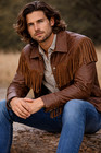 Mens Brown Leather Fringe Jacket Real Leather Western Cowboy Style Coat