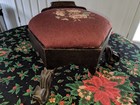 Antique Victorian Ornate Carved Feet 6 Sided Wood Foot Stool Needlepoint Cushion