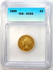 1868 Three Dollar Indian Gold Coin  3 - Certified Icg Au55 - Rate Date 