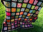 Vtg Handmade Granny Square Afghan Throw Blanket Black Trim 51 x75 