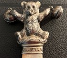 Antique Sterling Teddy Bear Holds Bells  Baby Rattle  Mother Of Pearl Handle
