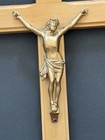 Vtg 12  Wooden Gold Tone Metal Wall Mount Crucifix Cross Inri Christ Catholic