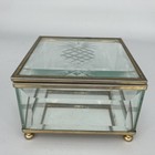 Square Mirrored Etched Beveled Glass And Brass Jewelry Trinket Vanity Casket Box