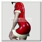 Latex Catsuit Dress Neck Style Short Sleeve Hot Red Sexy With White Ruffles Back