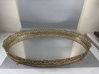Vintage Gold Filigree Oval Mirrored Vanity Tray 16 5    Ornate Feet