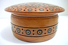 Vintage Wood Turned Lidded Trinket Box With Inlaid Designs On Top  See Condition
