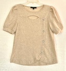 Vintage Adrienne Vittadini Womens Puff Sleeve Top M Beige Keyhole Short Sleeve